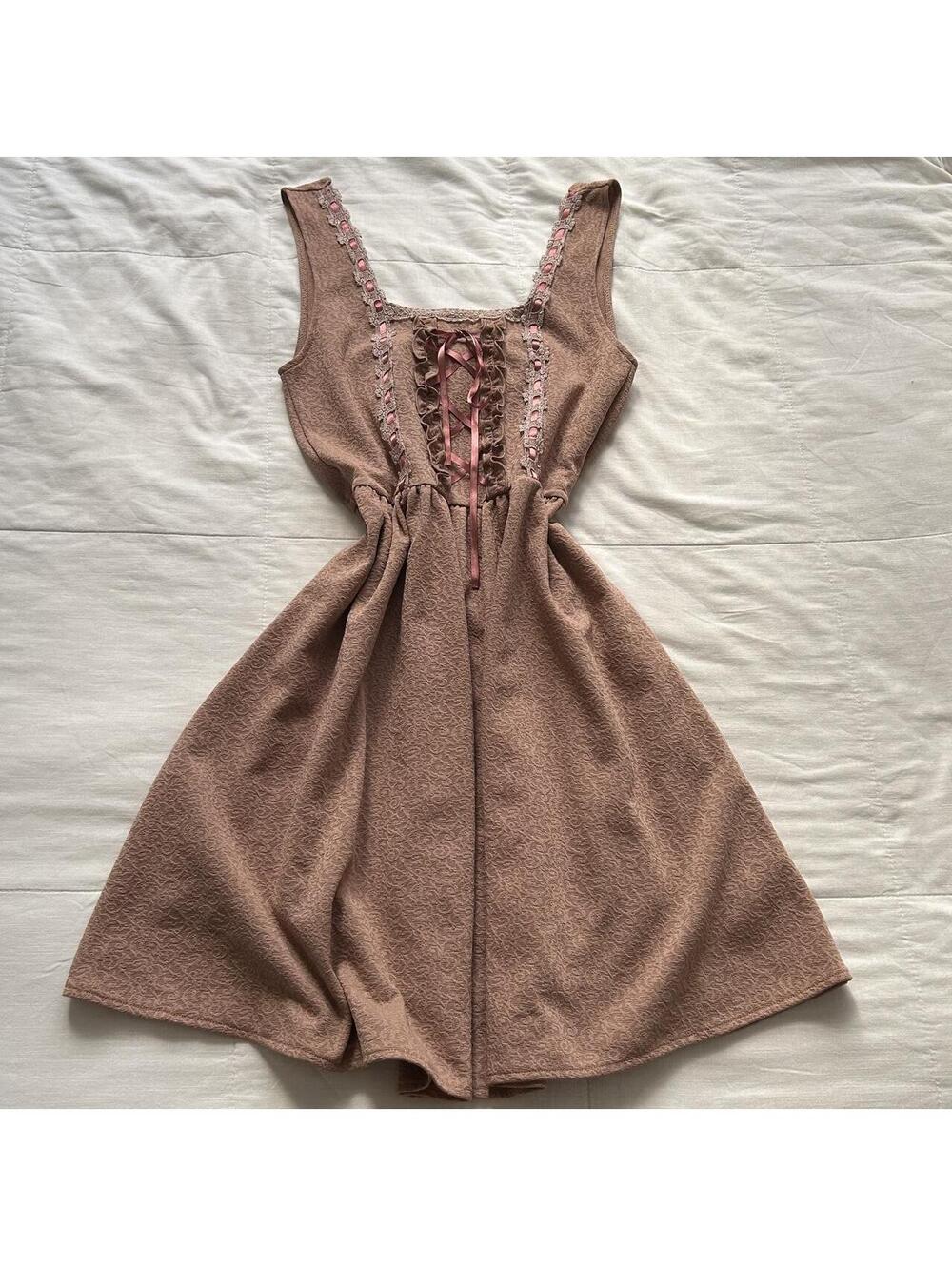 Axes Femme Dusty Rose Corset Lace Ribbon Ruffle Dress Pink Medium Japan